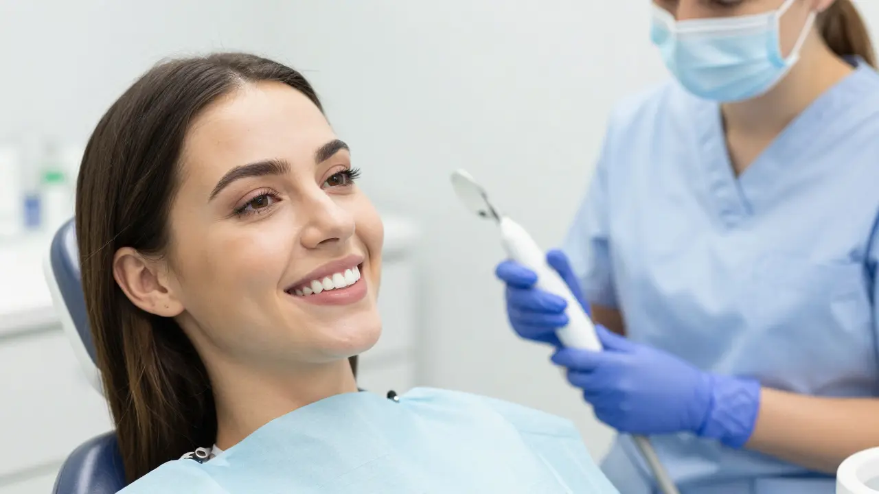 Usměv spokojeného pacienta s čistými zuby v moderní zubní ordinaci.