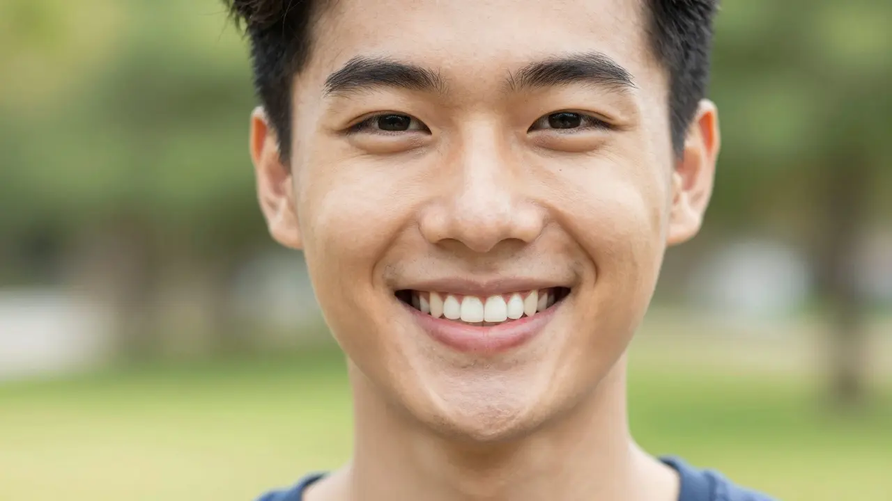 Zářivý a rovný úsměv spokojeného pacienta po úspěšné korekci předkusu.