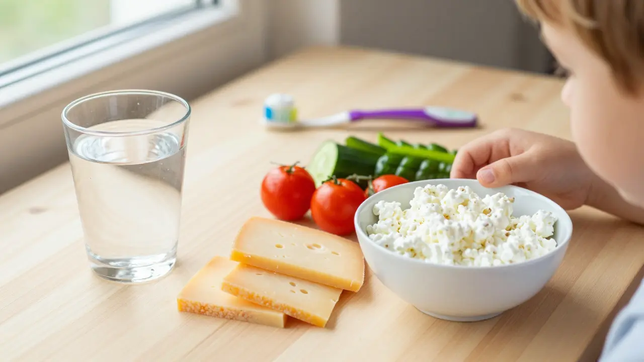 Zdravé potraviny bohaté na vápník, jako jsou sýry a tvarohy, vedle dětského kartáčku.