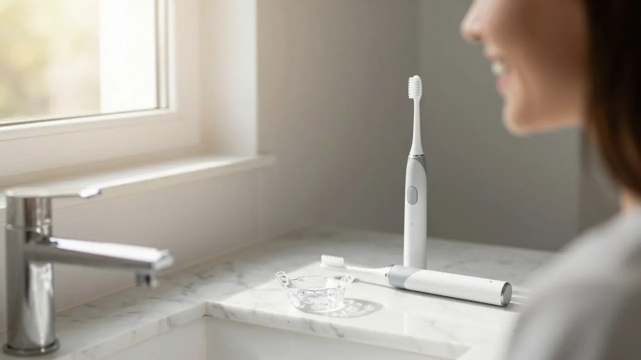 Zdravý úsměv bez rovnátek s retenerem a elektrickým kartáčkem na stole.