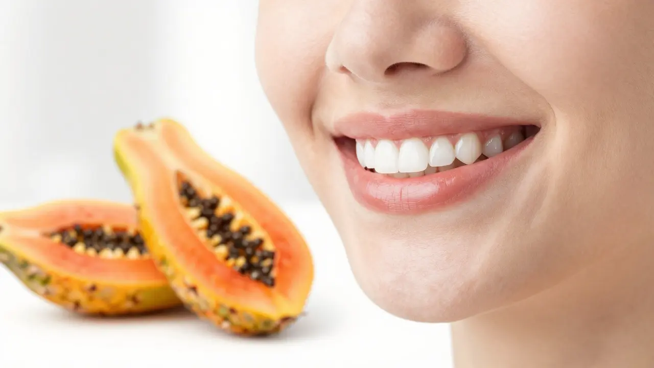 Zdravý úsměv s kousky ananasu a papaji symbolizujícími enzymy.