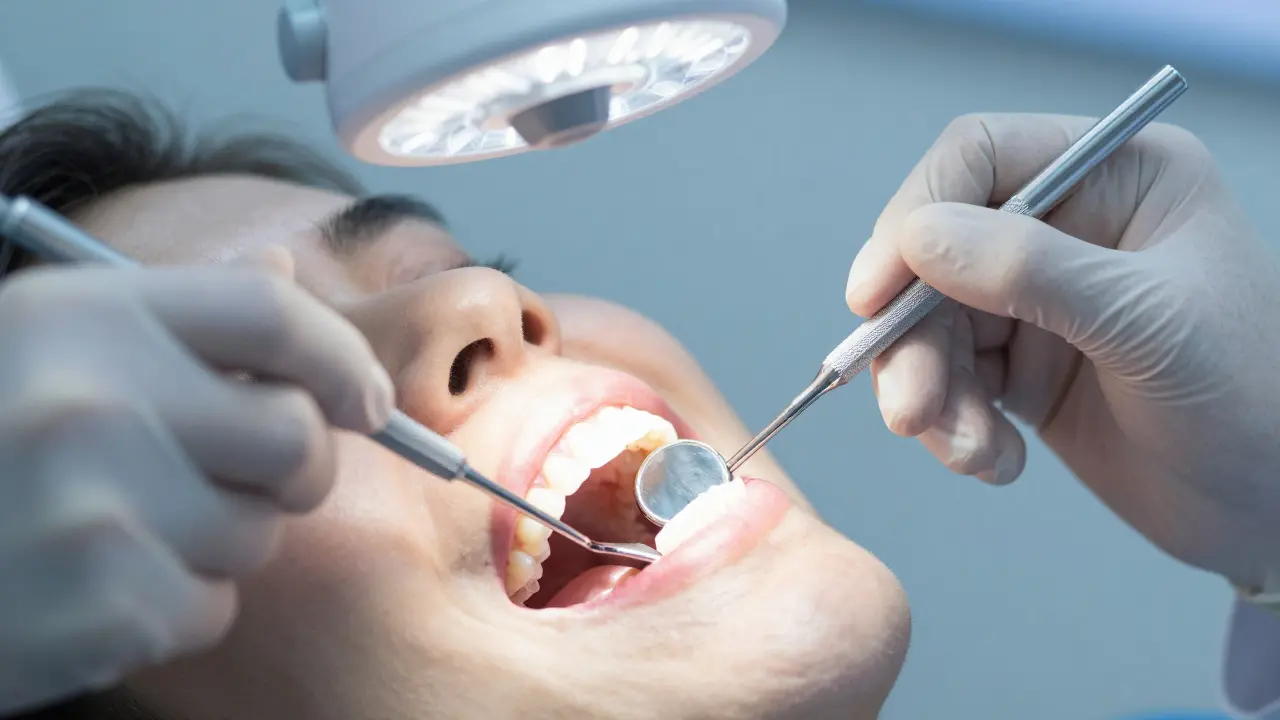 Zubní lékař kontrolující stav dásní a nalepovacích zubů pomocí zrcátka a osvětlení.