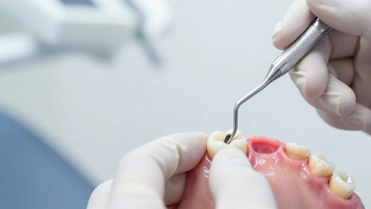 Zubní lékař používá kyretu k hloubkovému čištění kořene zubu.