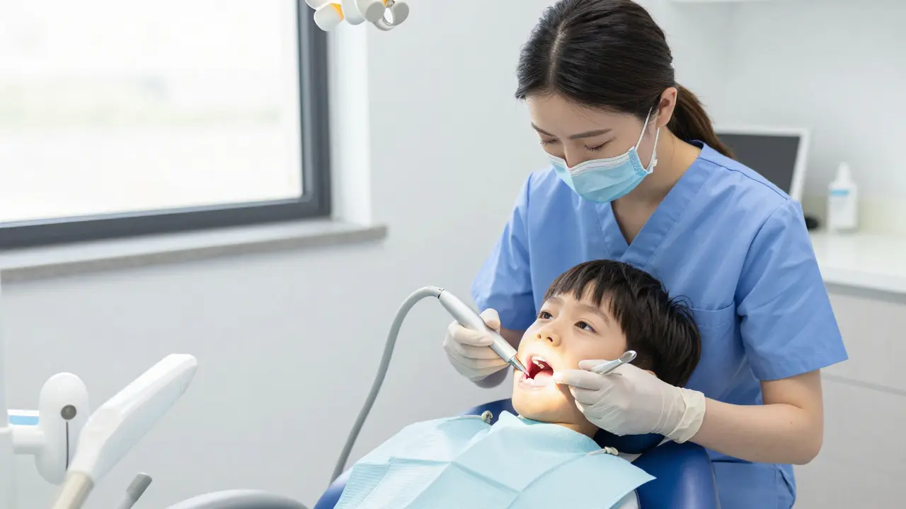 Dentální hygienistka čistí zuby dítěti ultrazvukovým skalpem v ordinaci