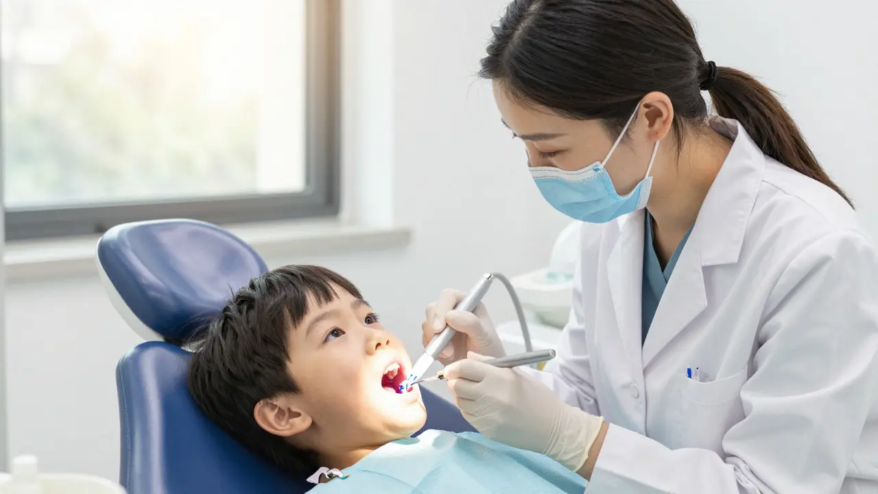 Dentista aplikuje pryskyřici na zoubek dítěte v příjemné ordinaci.