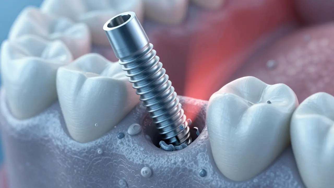 Detailní ilustrace osazování titanového implantátu do zdravé kosti