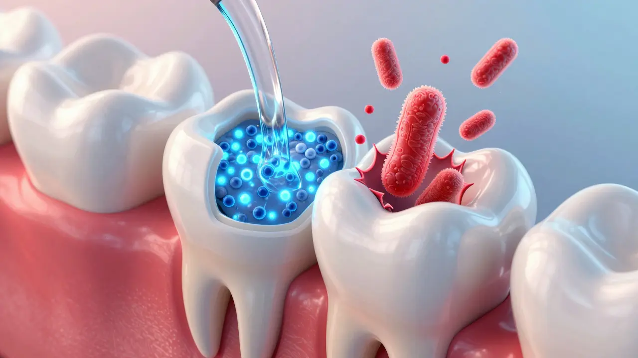 Ilustrace působení fluoridu na ochranné posílení zuba kolem inlaye
