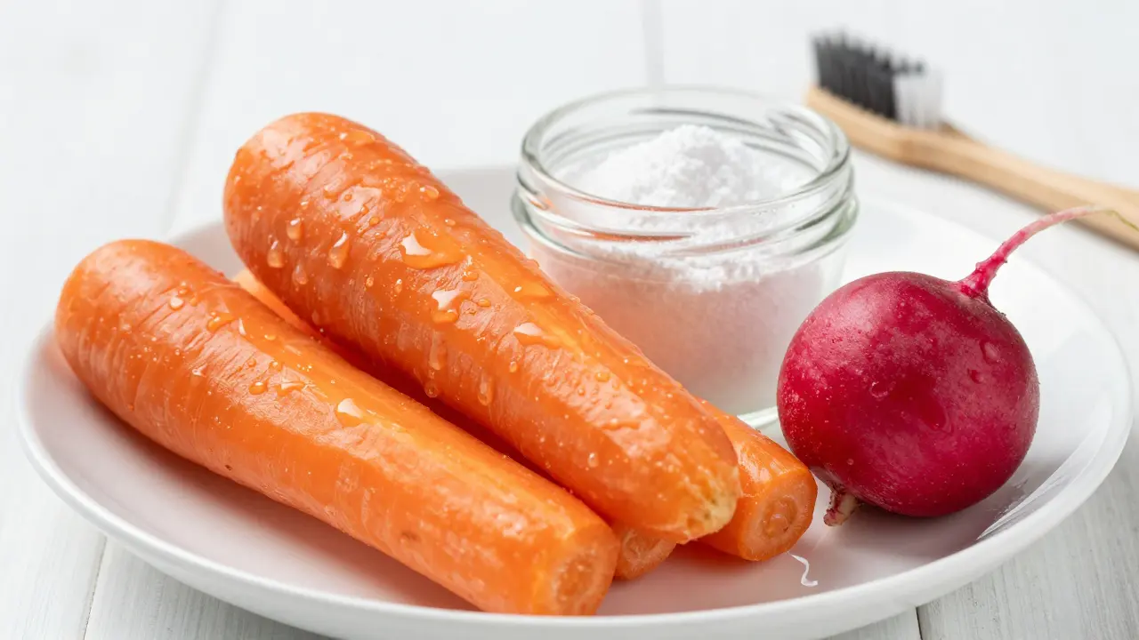 Mrkev, ředkvičky a přírodní čistící směs pro podporu zubní hygieny.
