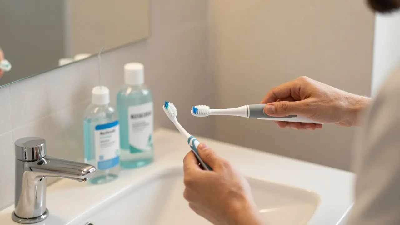 Pacient pečlivě čistí zuby speciálními kartáčky a hygienickými pomůckami