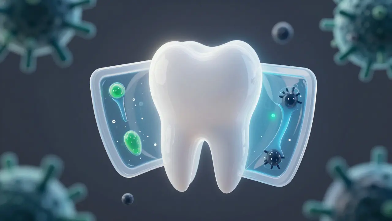 Abstraktní ilustrace ochrany zubu fluoridem a pitvami