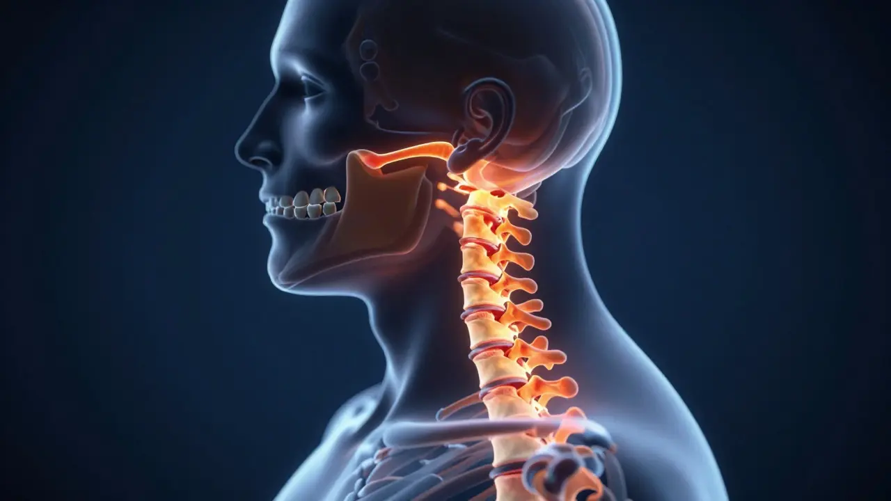 Anatomické spojení čelisti a páteře ukazující bolestivé body
