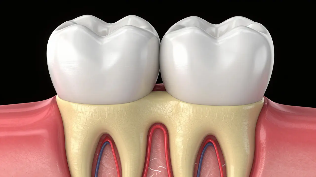 Anatomický průřez zubem zobrazující sklovinu, dentin a pulpu