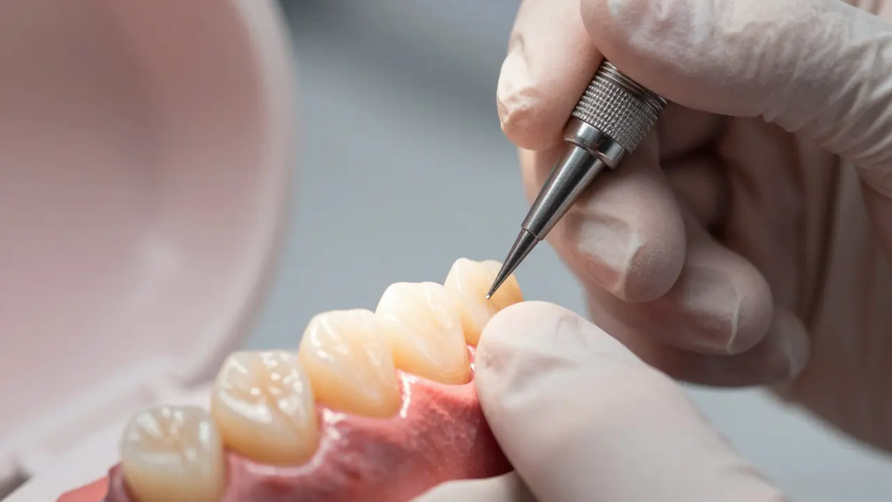 Detailní záběr aplikace kompozitní fazety přímo na zub dentistou