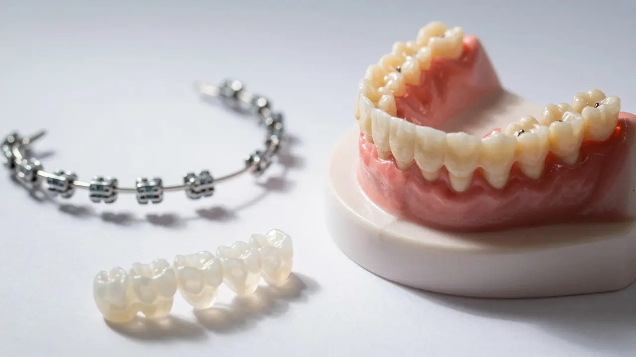 Detailní záběr na různé typy rovnátek: kovová, keramická