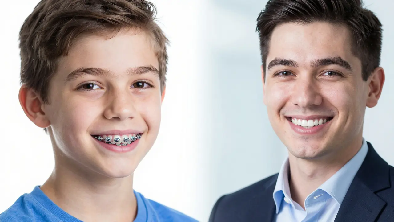 Dospělý s neviditelnými rovnátky a teenager s kovovými závorkami
