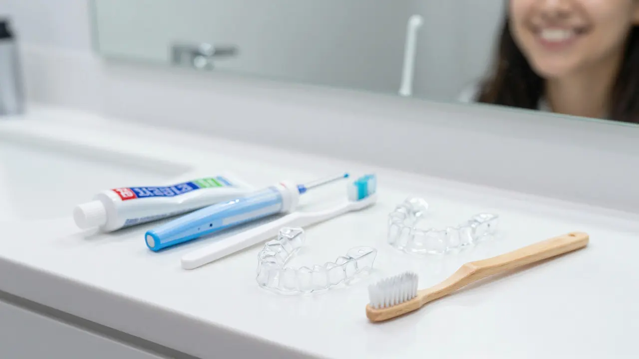Hygienické pomůcky a transparentní alignery na čistém pultu
