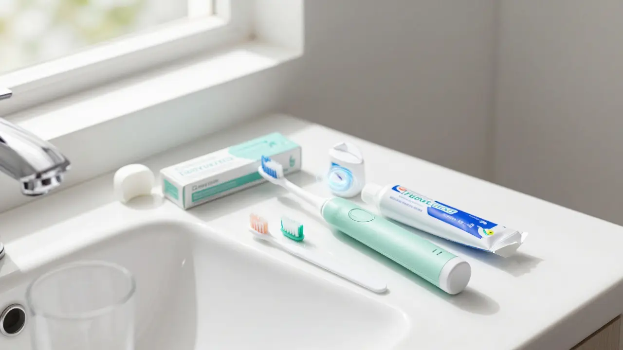 Hygienické pomůcky pro péči o zuby na umyvadle v ranním světle