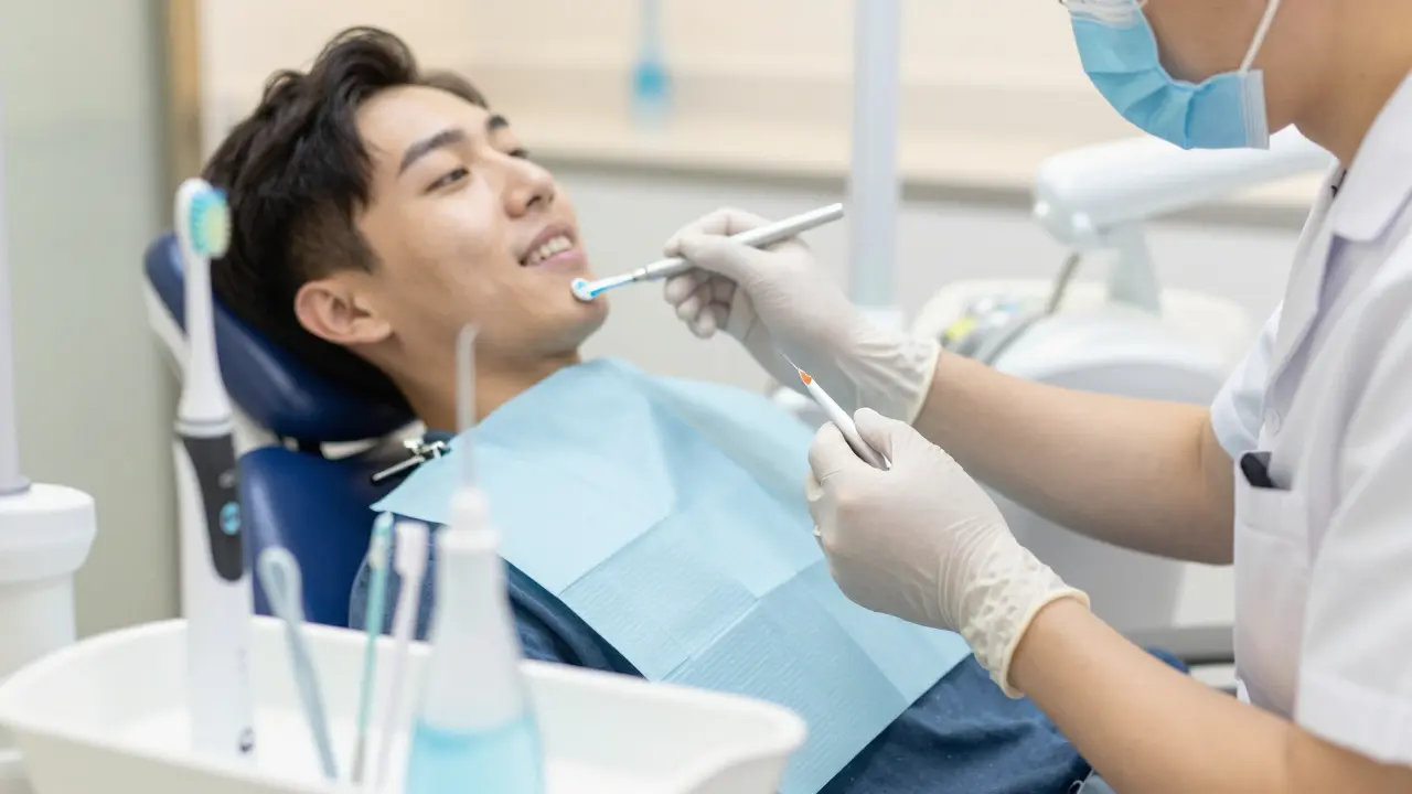 Stomatolog aplikuje fluoridový lak jako součást péče po rovnátkách