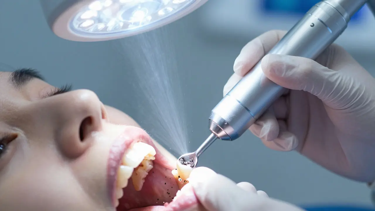 Zubní hygienista provádí ultrazvukové čištění zubů