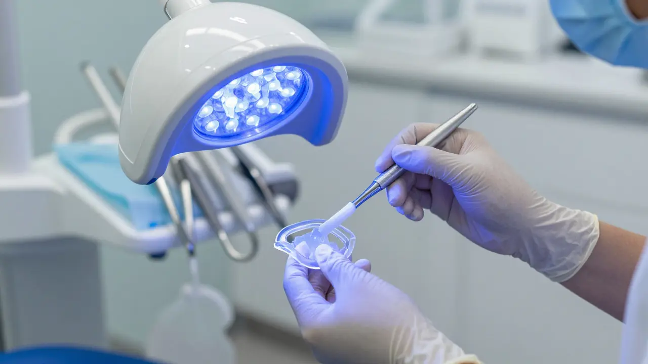 Zubní lékař aplikuje bělicí gel do průhledných mísiček v ordinaci