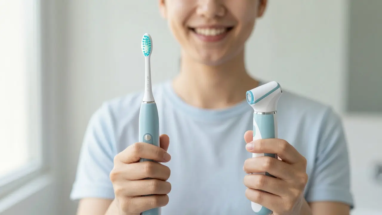 Člověk držící oba přístroje pro ústní hygienu