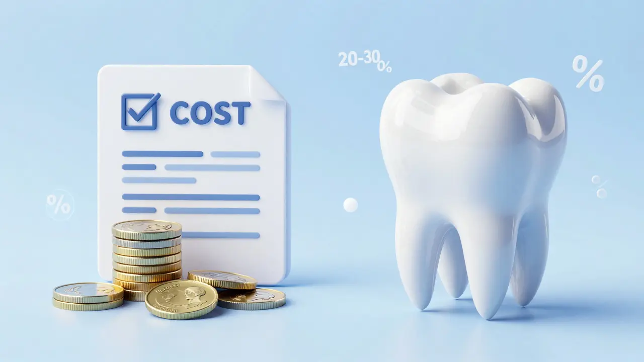 Koncept financování zubní péče s mincemi a keramickou korunou
