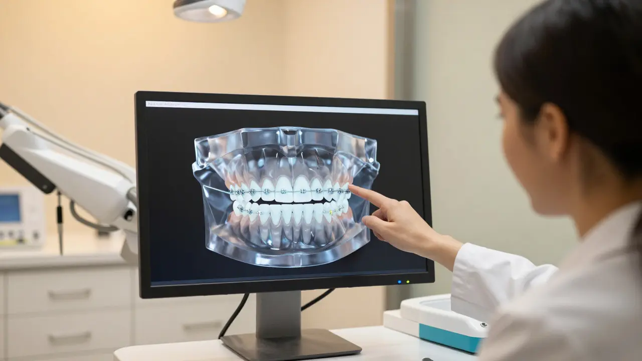 Ortodont vysvětluje léčbu předkusu pomocí 3D modelu