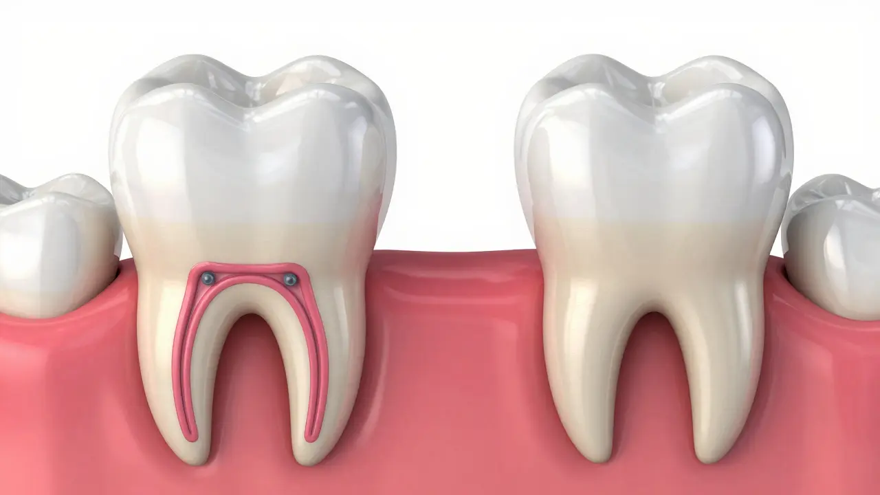 Porovnání zdravého zubu a zubu po endodoncii s korunou.