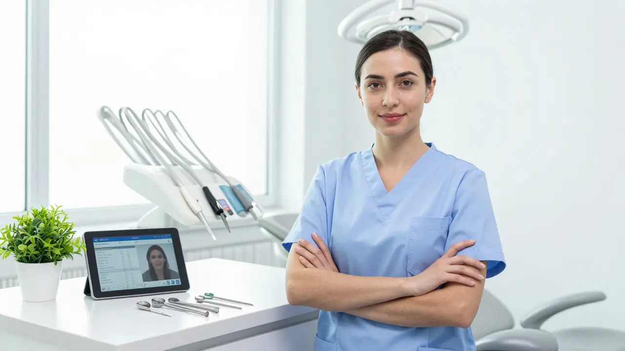 Profesionální portrét zkušené dentální hygienistky v moderní ordinaci