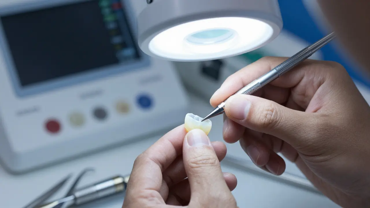 Technik upravuje keramickou fazetu v laboratoři
