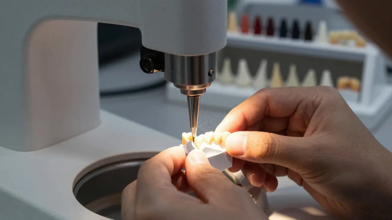 Technik vyrábí keramickou fazetu pomocí CNC frézy v laboratoři