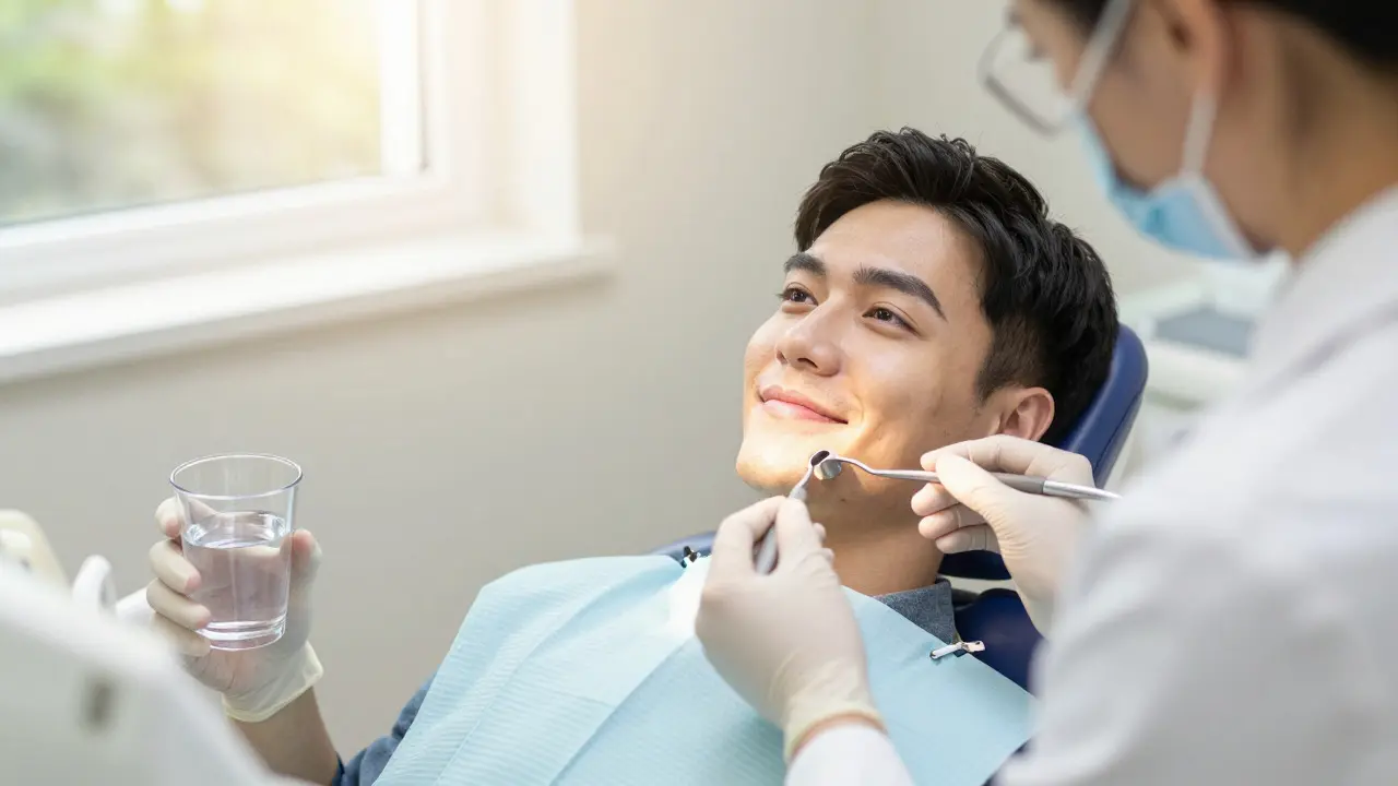 Uklidněný pacient během preventivního vyšetření u dentálního hygienika