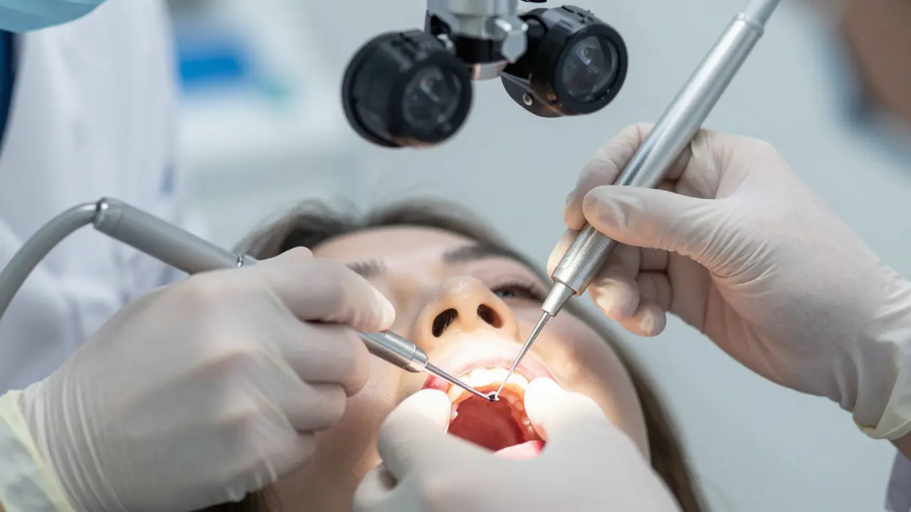 Zubní lékař provádí ošetření kořenových kanálků pod mikroskopem.
