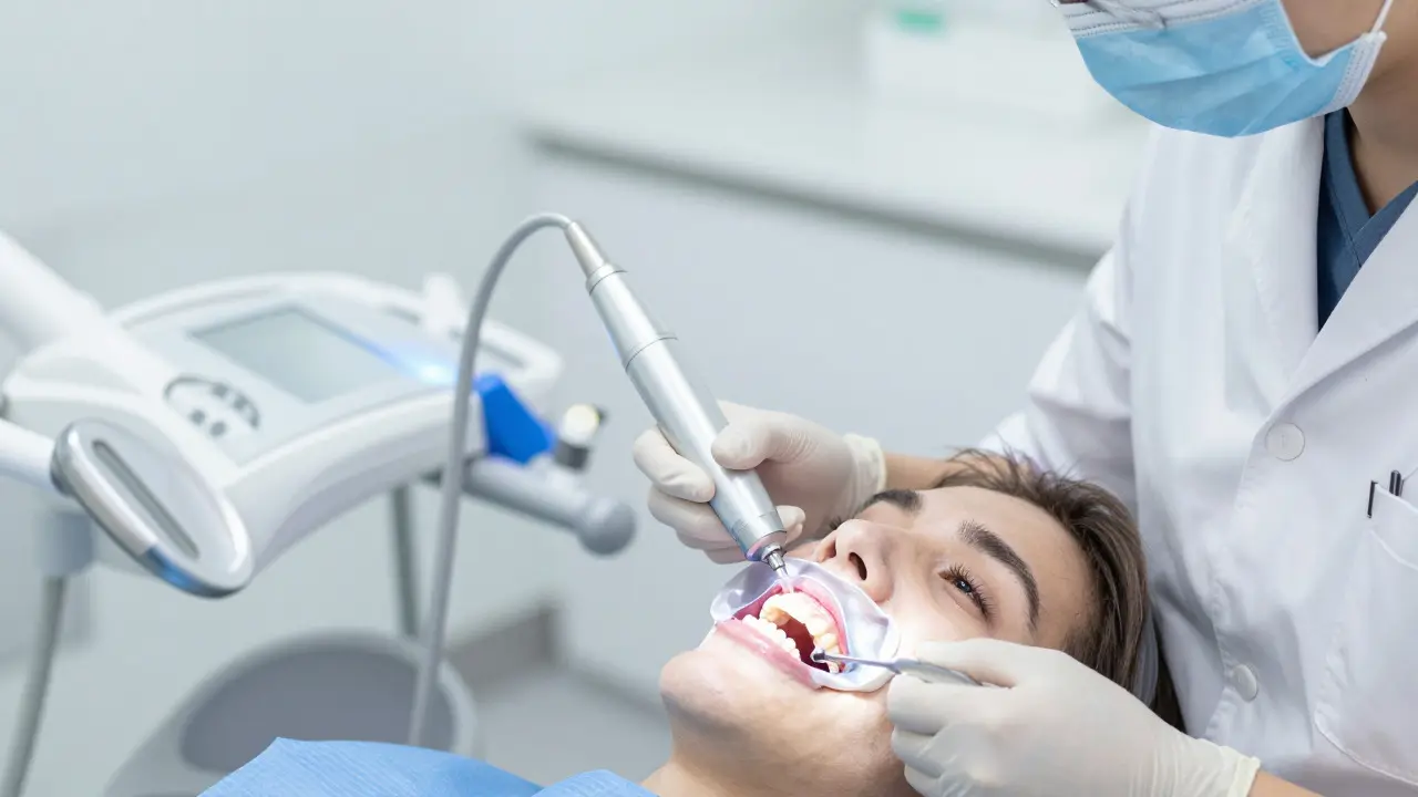 Dentista provádí profesionální bělení zubů v moderní ordinaci