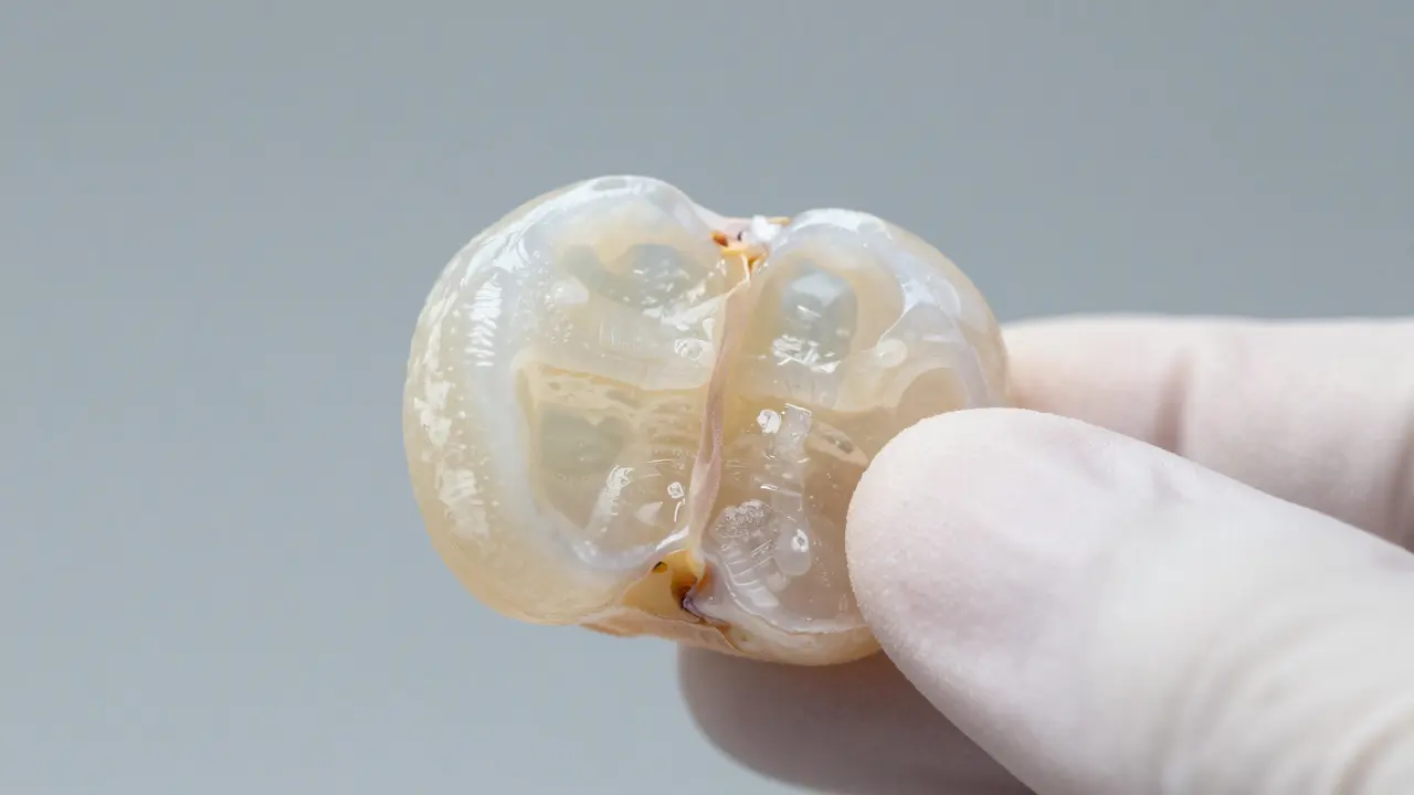 Detailní záběr na průsvitnou keramickou fazetu drženou v rukavici, zdůrazňující kvalitu materiálu.