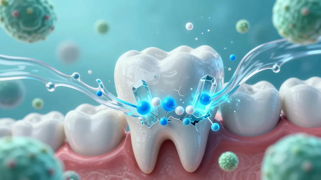 Ilustrace procesu remineralizace zubní skloviny pomocí iontů fluoridu