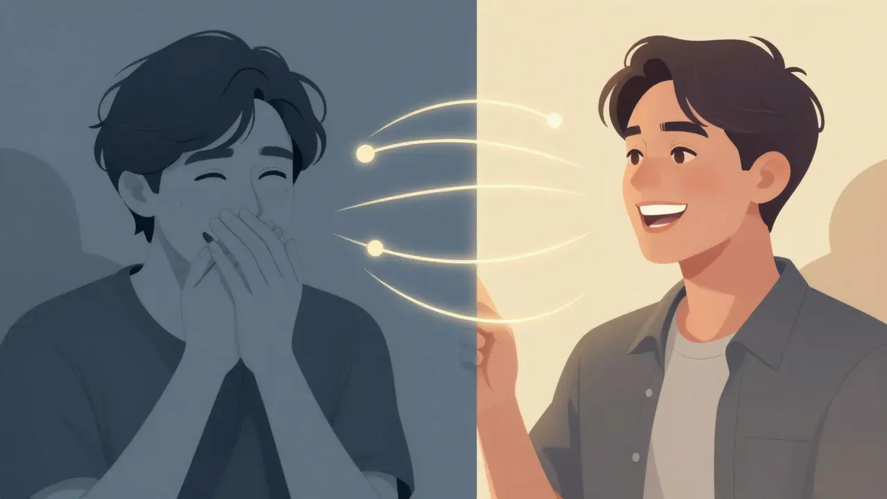 Konceptuální ilustrace změny sebevědomí před a po bělení zubů