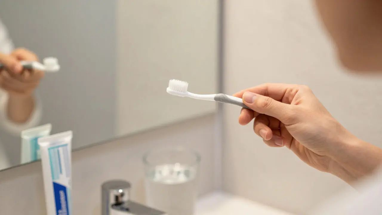 Osoba používá mezikontaktní kartáček jako součást denní zoubní hygieny