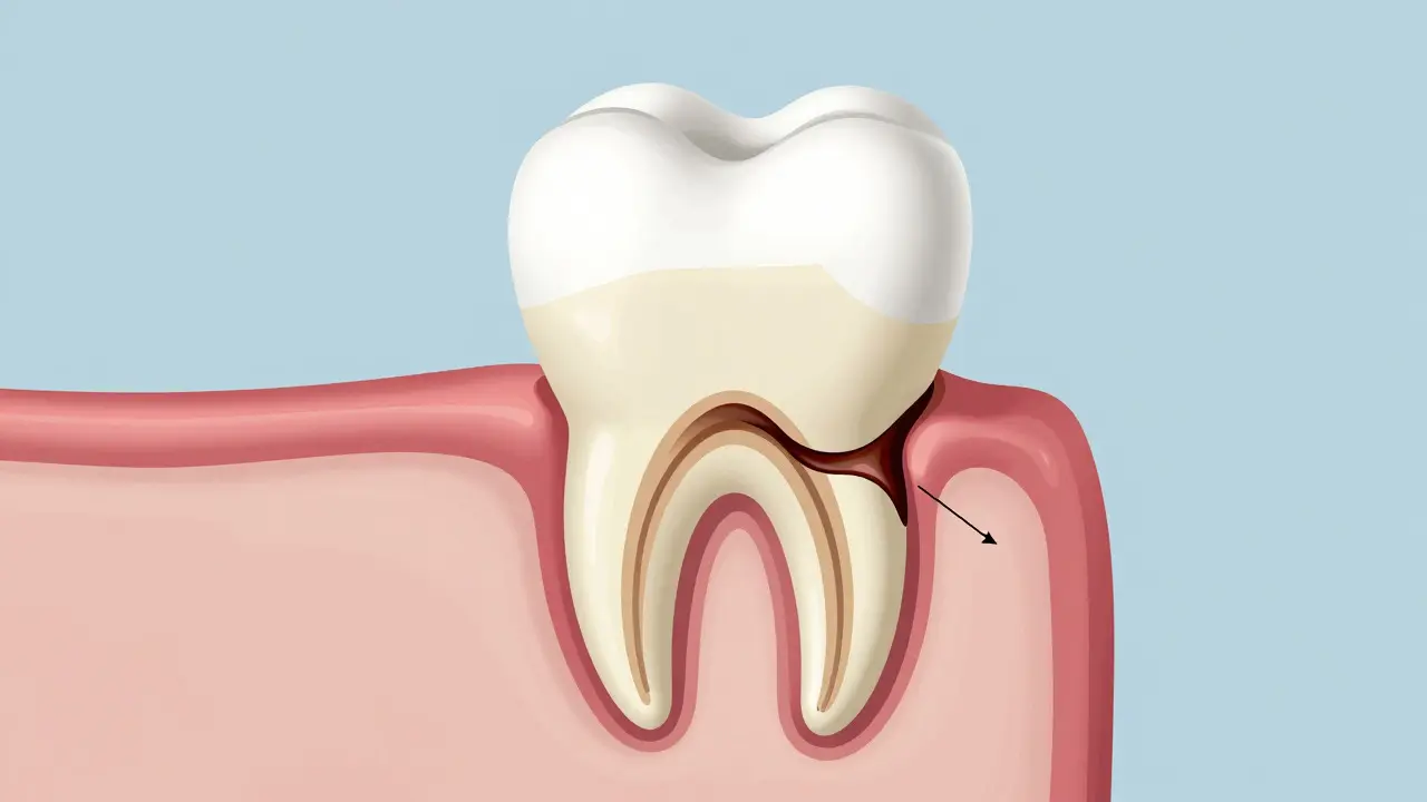 Schematický řez zubem ukazující postup kazu do dentinu a pulpy