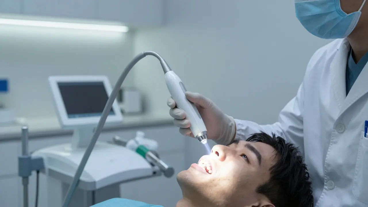 Stomatolog používá světelný diagnostický přístroj na zubech