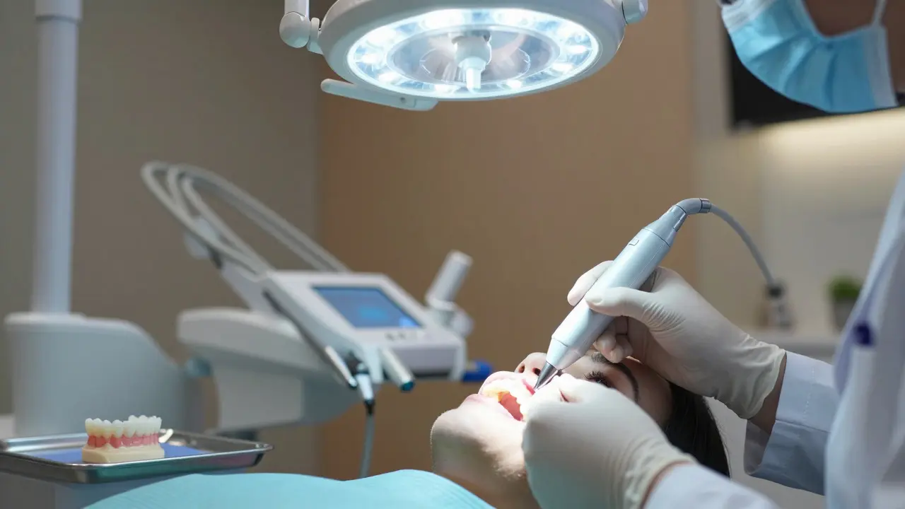 Stomatolog provádí digitální sken zubů pomocí intraorálního skeneru