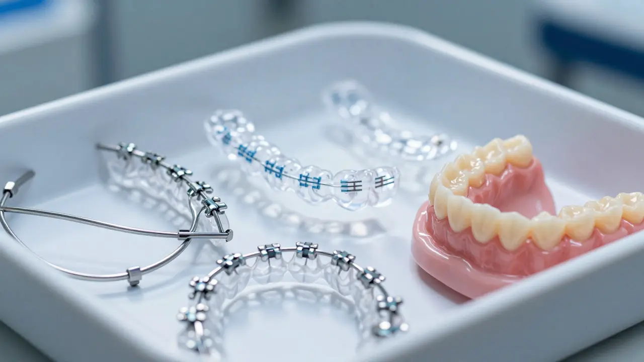Záběr na různé typy ortodontických aparátů: kovové brackety, keramické a průhledné alignery