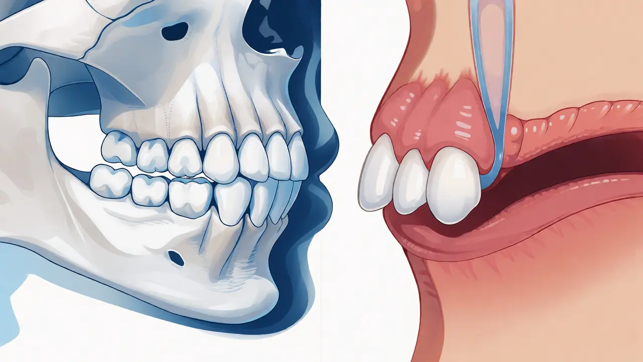 Anatomická ilustrace čelisti vysvětlující genetické příčiny vzniku mezery mezi zuby.