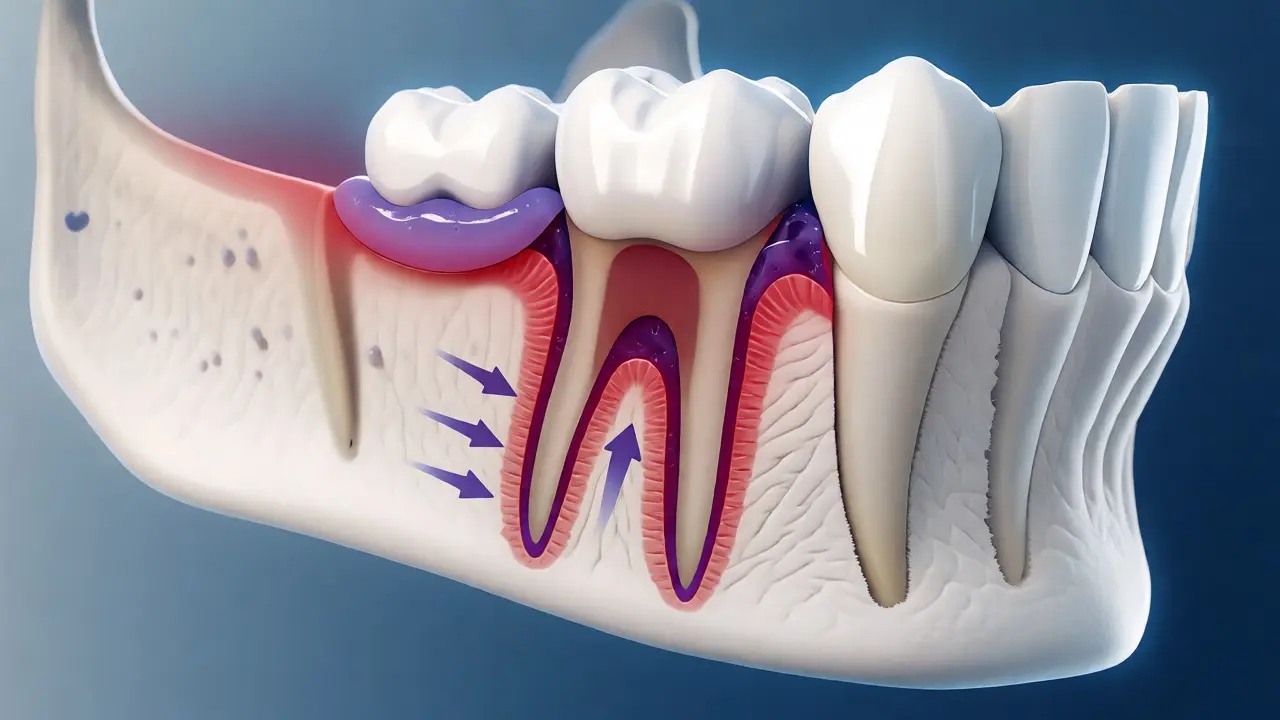 Anatomický řez čelistí znázorňující zánět okostice a tlak pod kostí.