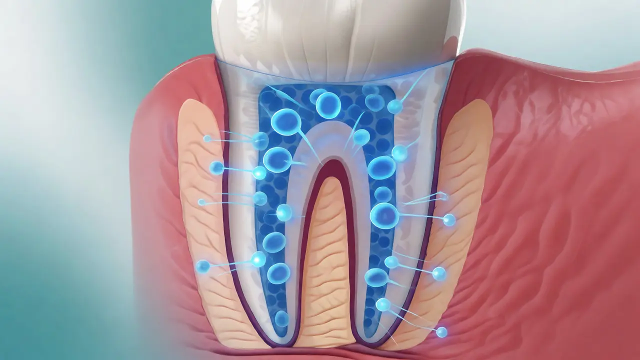 Ilustrace uvolňování fluoridu ze skloionomeru do tkáně zubu