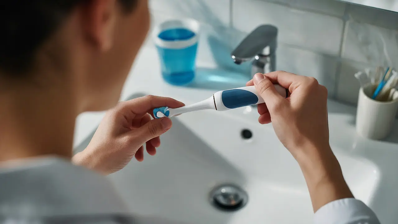 Osoba čistí zuby elektrickým kartáčkem pod úhlem 45 stupňů