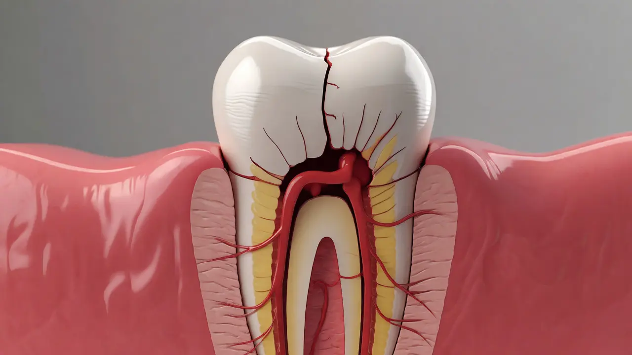 Řez zubem ukazující prasklinu procházející do dentinu