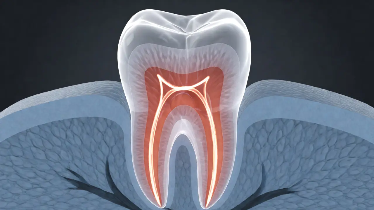 Řez zubem znázorňující odhalený dentin a nervové zakončení po broušení.