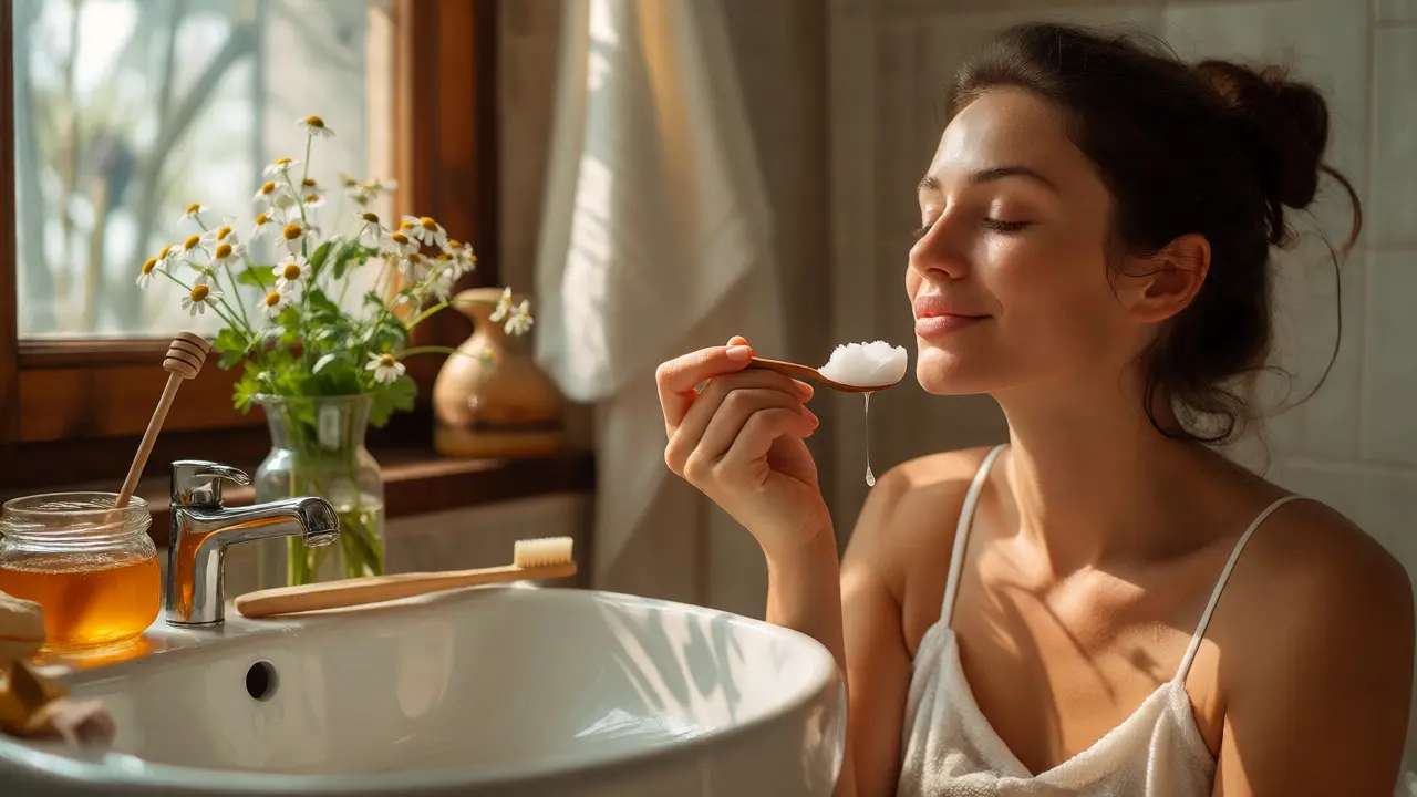 Žena používá kokosový olej pro ústní hygienu v osvětlené koupelně.