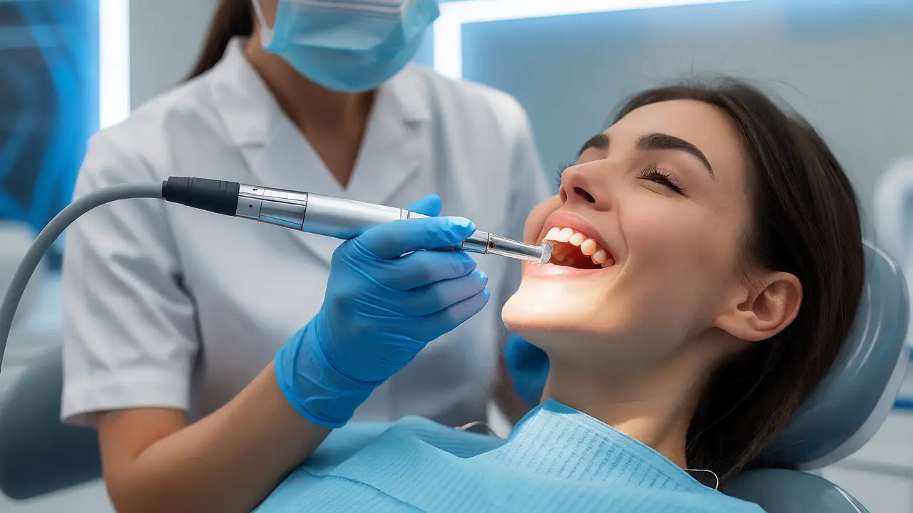 Zubní hygienistka odstraňuje zubní kámen ultrazvukovým přístrojem